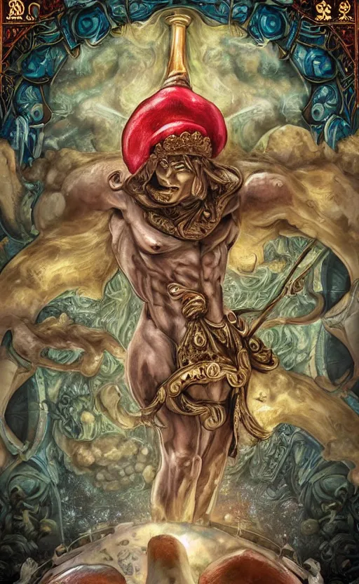 Image similar to a masterpiece hyperdetailed dnd tarot card, magnificent mushroom deity as depicted in a colossal greek marble statue ( with godlike bodybuilder physique ), hd tarot card depicting monumental statue of a dignified mushroom god with cute large mushroom hat, hdr, 8 k, artstationhq, digital art