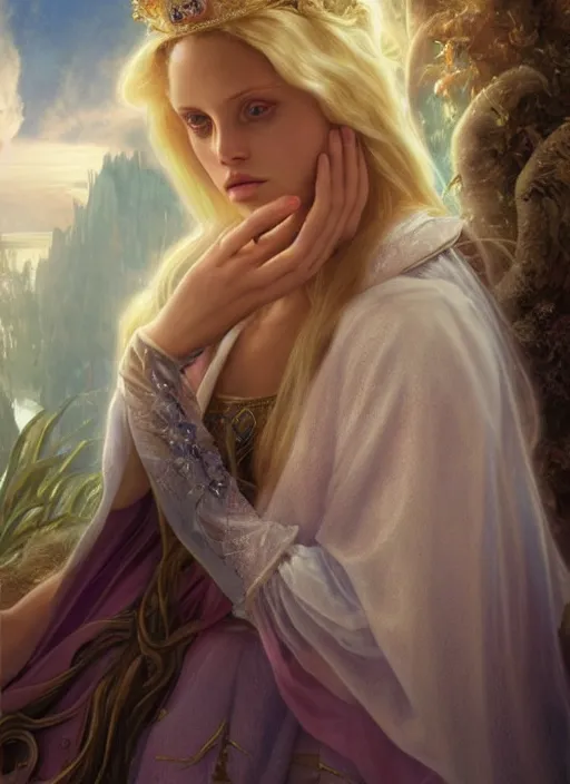 Prompt: beautiful young happy teresa palmer as the aurora sleeping beauty princess, closeup, d & d, fantasy, intricate, elegant, highly detailed, digital painting, artstation, concept art, matte, sharp focus, illustration, art by artgerm and greg rutkowski and alphonse mucha