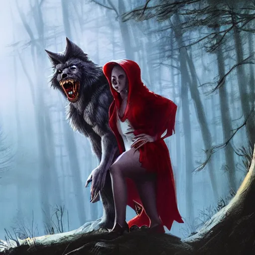 Prompt: werewolf and red riding hood staring at you, 3d scene, render, ultra realistic, zenith view, Greg Rutkowski, Frank Frazetta, Richard Corben, artstation, cgsociety, unreal engine, 3d scene, render, ultra realistic