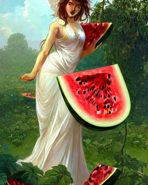 Prompt: an angel living inside a giant watermelon, watermelon house, posing, highly detailed, digital painting, artstation, concept art, smooth, sharp focus, illustration, art by artgerm and greg rutkowski and alphonse mucha
