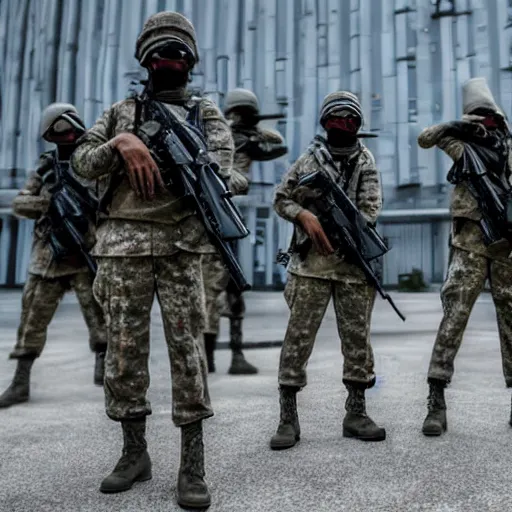 Image similar to a squad of futuristic soldiers wielding laser rifles