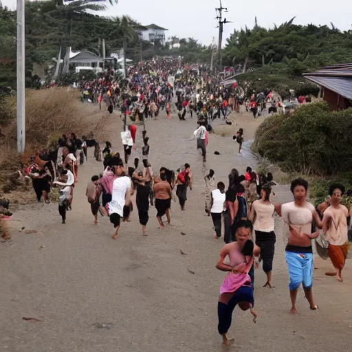 Image similar to a crowd of people run away from the tsunami