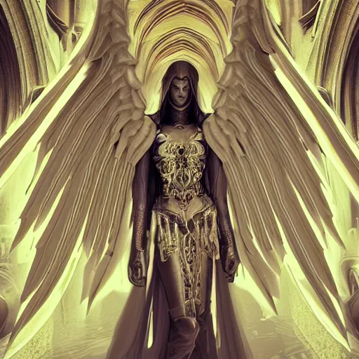 Image similar to tall female angel, wings, shrouded, veiled, ornate cyberpunk armor :: ornate cyberpunk interior, ruins, high arches, cyberpunk cathedral, Golden Light, Cathedral, 8K, trending on artstation, volumetric light, lightrays, smoke, cinematic, atmospheric, octane render, insanely detailed and intricate, hypermaximalist, elegant, ornate, luxury, elite, by James Jean, hyper realistic, super detailed, golden ratio