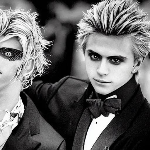 Prompt: An extreme long shot, black & white wedding photo of dio brando and giorno giovanna, 2000 photo