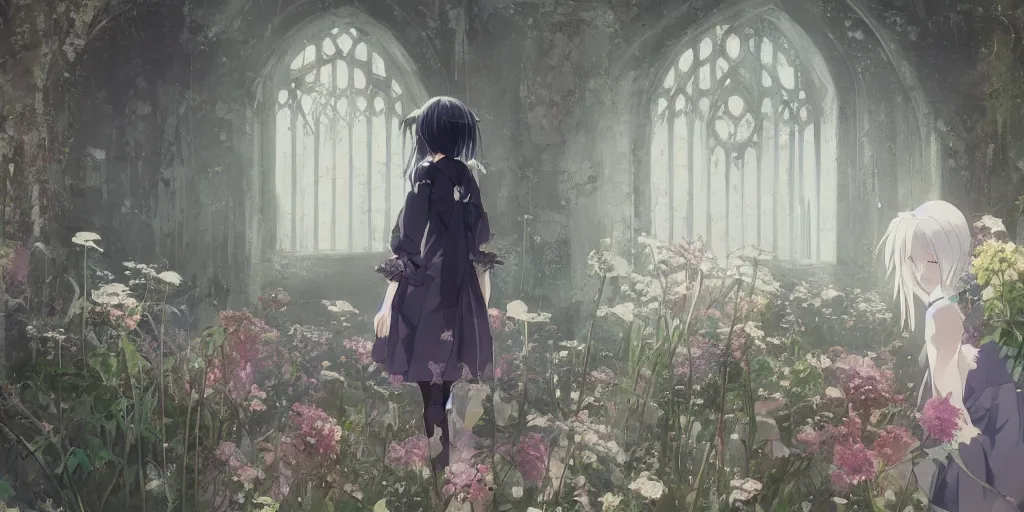 Image similar to anime kyoto animation key by greg rutkowski night, single white hair girl from behind, in abandoned chapel with overgrown flowers and plants