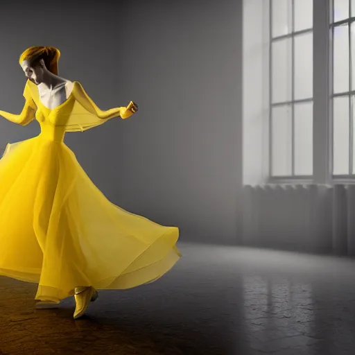 Image similar to woman in yellow organza dress dancing, ultra realistic, concept art, intricate details, dark vibe, highly detailed, photorealistic, octane render, 8 k, unreal engine,