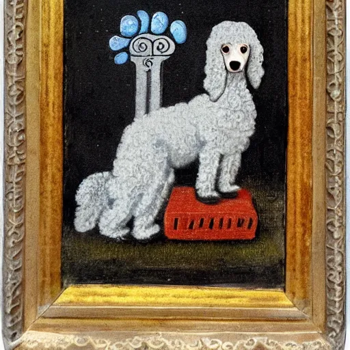 Prompt: a fancy gray poodle in the style of a medieval swedish painting.