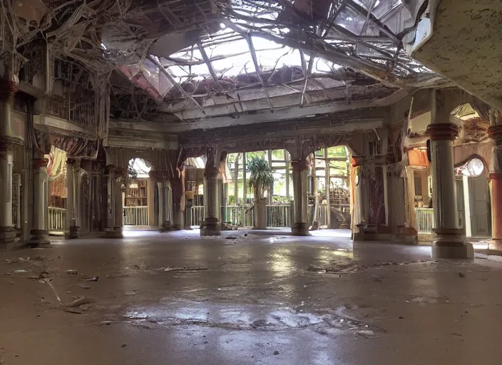 Image similar to the inside of the building Disney world park, shut down, abandoned, Florida, out of business, castle is falling apart, got shut down, kids place, liminal spaces, backrooms, empty, overgrown, Disney world, Disney land, theme park, roller coasters, Disney