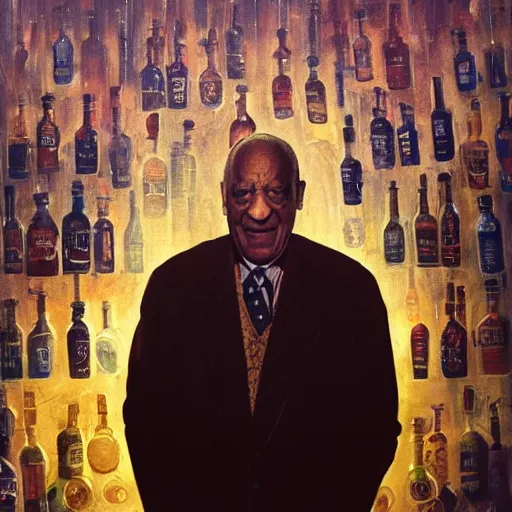 Image similar to a portrait of bill cosby surrounded by liquor bottles radiating holy light in the church,in the style of greg rutkowski,epic lighting,Postmodernism style,Masterpieces,oil on canvas