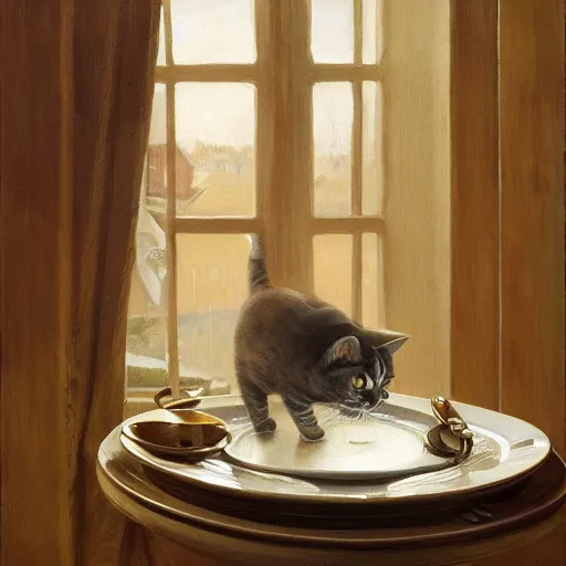 Image similar to cat drinking milk from a porcelain plate, in game pathologic 2, by jacek yerka, by levitan, oil on canvas, acrylic, digital art, royal academy, masterpiece, trending on artstation, cinematic composition, sharp, details, hyper - detailed, hd