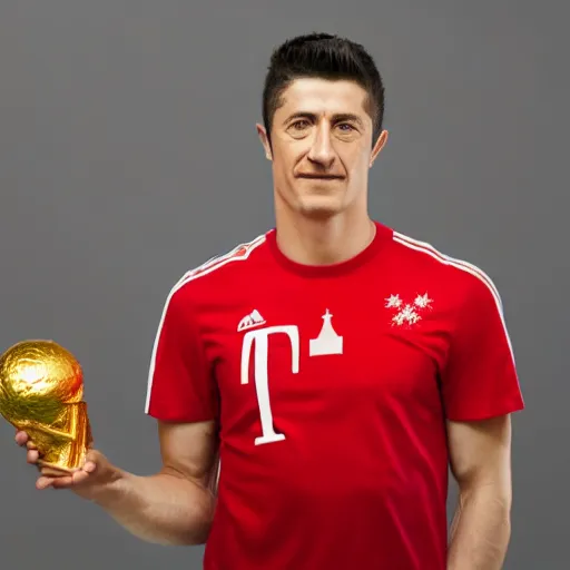 Image similar to portrait of Robert Lewandowski in polish national team t shirt holding World Cup trophy, 4k, hq, high details, natural light, perfect quality, professional photography, award winning photo, a lot of details, perfect face