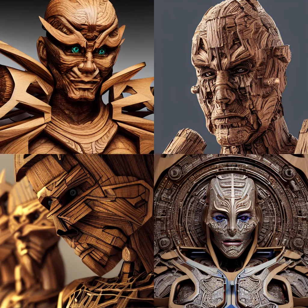 Prompt: an ultra realistic 8k octa photo, wooden art toys ,of an cyber gods ,hyperdetailled ,concept art, intricate