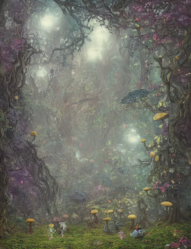 Image similar to mysterious fairy landscape of a mushroom kingdom in the middle of the foggy forest, ornate, misty, intricate, ring light, baroque elements, dan mumford, junji murakami, mucha klimt, van gogh, hiroshi yosida, frank frazetta and craig mullins art styles