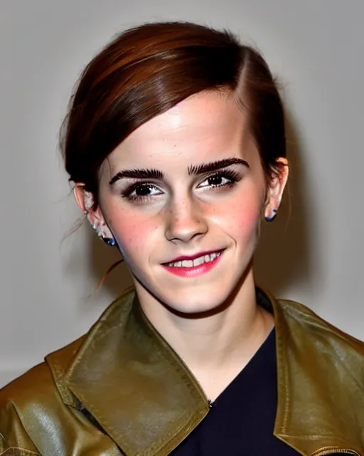 Image similar to headshot of a smiling, emma watson, she is wearing a leather bomber cap on her head, she is also wearing an a 2 flight jacket, a long green wool scarf is wrapped around her neck