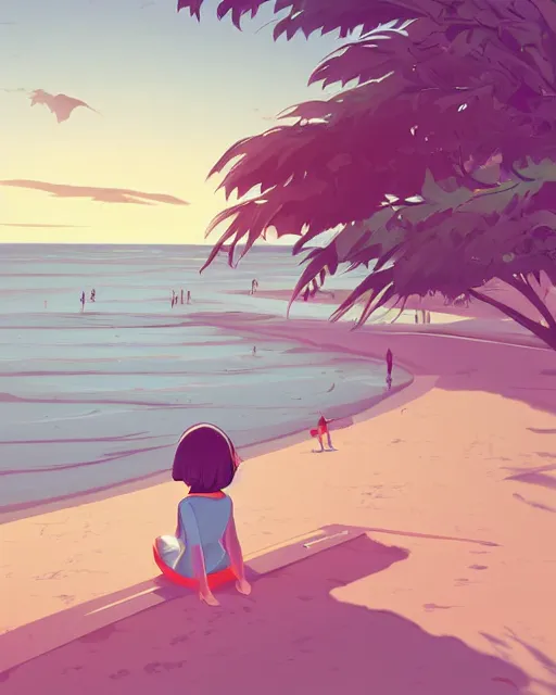 Image similar to a little girl sit beach. clean cel shaded vector art. illustration art by lois van baarle and helen huang and artgerm and makoto shinkai