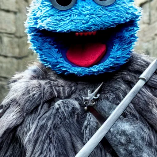 Prompt: cookie monster in game of thrones. sitting on the iron throne. looking evil.