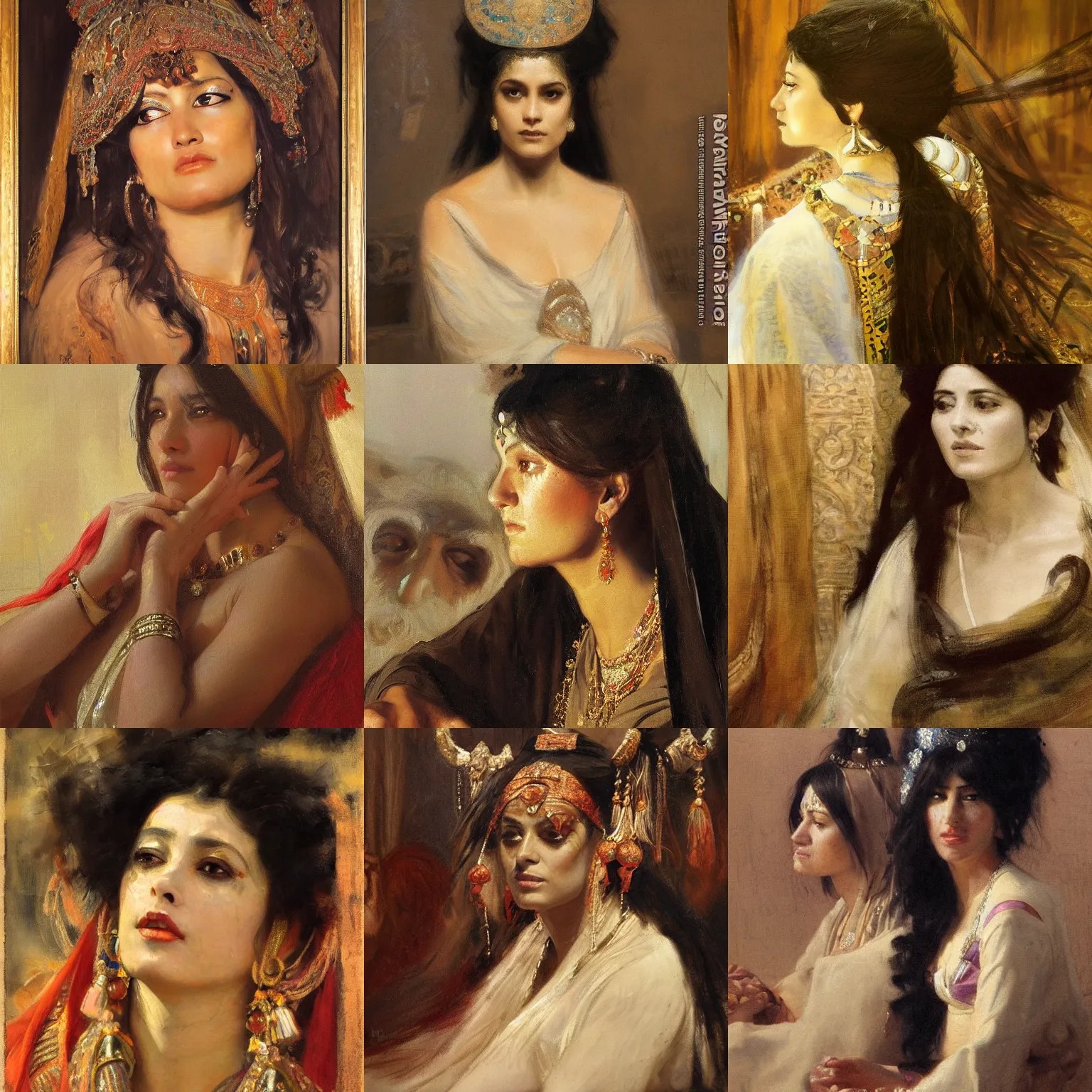 Prompt: orientalism face detail of a beautiful woman priestess bangs and thick dark curls hair and eyeliner watching over a dark ritual by theodore ralli and nasreddine dinet and anders zorn and nikolay makovsky and edwin longsden long, oil on canvas, masterful intricate artwork, excellent lighting, high detail 8 k