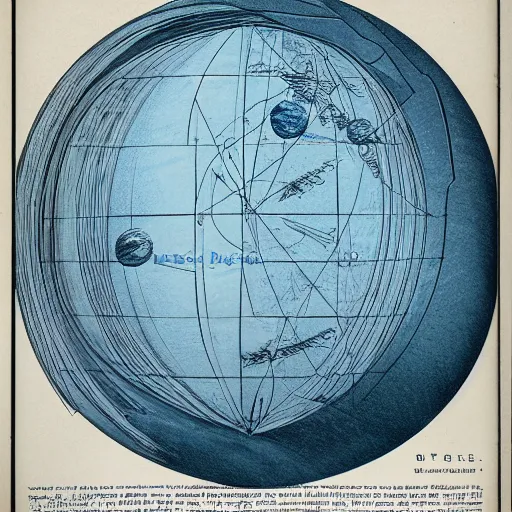 Prompt: blue paper, full page schematic of mid - century 1 9 0 0 s detailed concept art of the planet jupiter, baroque style illustration, precise lineart symmetry