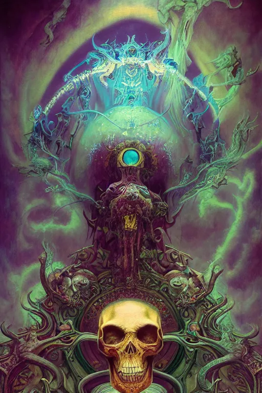 Prompt: gigantic skull psychedelic demonic cosmic of death and hell fire, fantasy painting, ultra realistic, wide angle, art nouveau, intricate details, rainbowshift, vivid colors, highly detailed by peter mohrbacher, h. r. giger, maxfield parrish, gustave dore, craig mullins, octane render, cgi