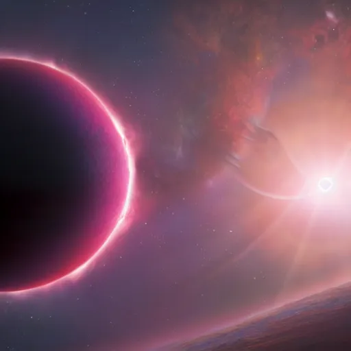 Image similar to a planet floating in space, with a pink sun in the background, by Jessica Rossier and Wayne Barlowe Anato Finnstark 8k geology space hubble star nebula