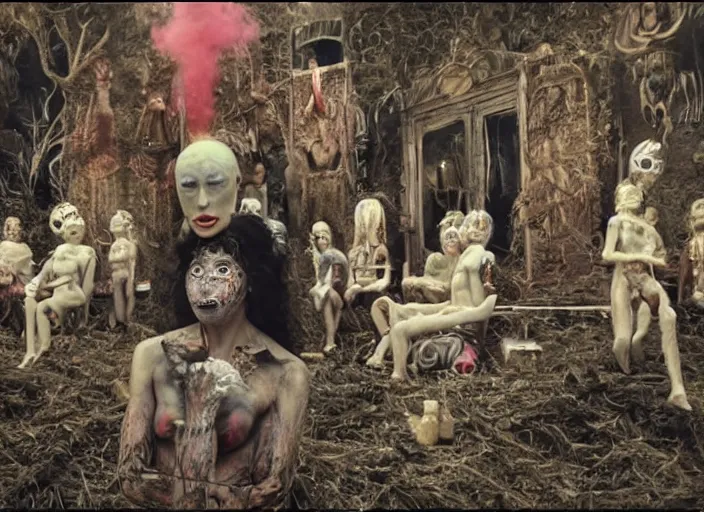 Image similar to sensual scene from art house film by alejandro jodorowsky, roger ballen and wes anderson : : surreal scene of an occult ritual in a picturesque outdoors setting : : mirrors, masks, costumes, snakes, smoke, burned dolls : : close - up of the actors'faces : : technicolor, 8 k