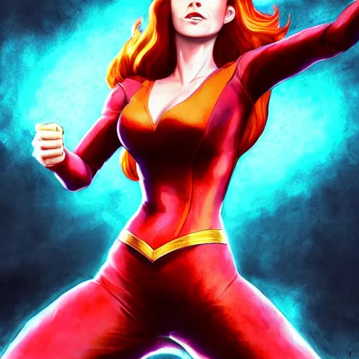 Image similar to jean grey, a full body portrait of jean grey, green eyes, red hair, phoenix rising, flames, flying, comic, x - men, highly detailed, artstation, deviantart, symetry, digital painting, vivid colors, realistic shaded perfect face, volumetric lighting, atmospheric, sharp focus, moody, in the style of alex ross, 8 k