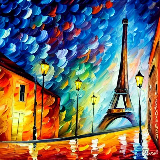 Image similar to knife - painting of a colorful and contrasted scenery, a cat walk on a roof in paris, the moon shine in the sky, the effeil tower is in the background, in the style of leonid afremov