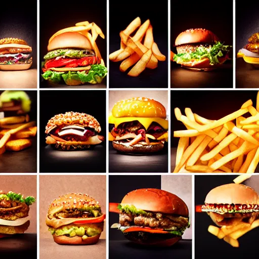 Prompt: burgers and fries astrophotography strobist gel lighting