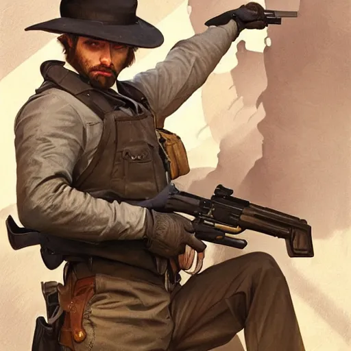 Image similar to mustle manly man holding a gun, elegant, dynamic pose, highly detailed, digital painting, artstation, concept art, matte, sharp focus, illustration, art by Artgerm and Greg Rutkowski and Alphonse Mucha