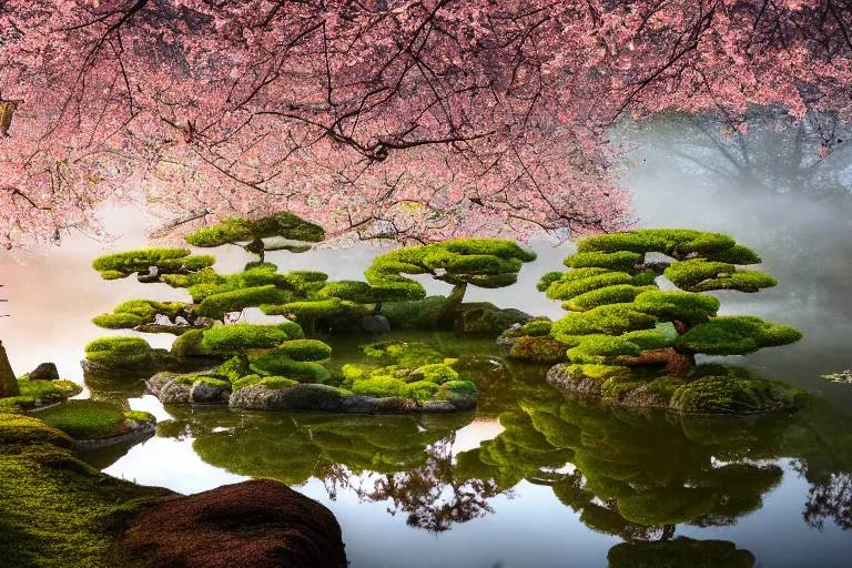 Prompt: masterpiece photography of a japanese garden landscape, with a pond and sakura trees, sakura flowers in the wind, scattered clouds on the horizon, cinematic light, during spring, more atmospheric effects, light fog, dawn rays of light, by Lee Madgwick, Trending on artstation, spring, dawn color scheme, soft colors, 4K, hdr