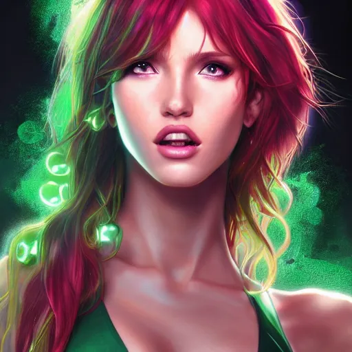 Prompt: ultra realistic illustration, bella thorne as starfire anime with glowing green eyes, intricate, elegant, highly detailed, digital painting, artstation, concept art, smooth, sharp focus, illustration, art by artgerm and greg rutkowski and alphonse mucha