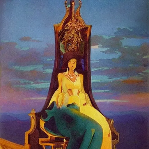 Image similar to an oil painting of a queen in a thierry mugler dress sitting on a throne, by bruce pennington, by ( ( ( eyvind earle ) ) ), nicholas roerich!!, by frank frazetta, by georgia o keeffe, by dean cornwell!!!, eerie, ominous, baghdad, oriental