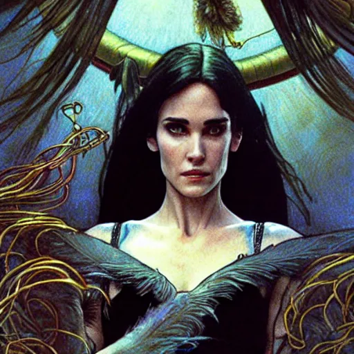 Image similar to jennifer connelly as dark swan queen, black feathers instead of hair, feathers growing out of skin, moulting, suspended in zero gravity, on spaceship with cables hanging down, highly detailed, mike mignogna, ron cobb, mucha, oil painting