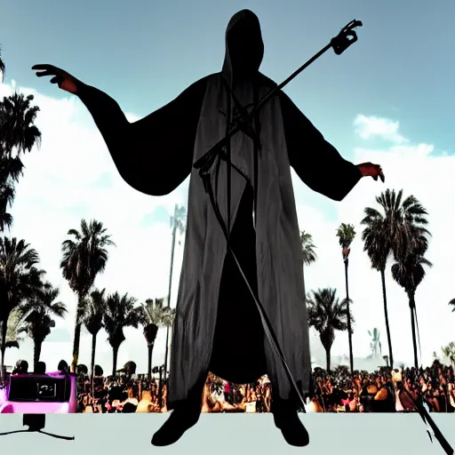 Image similar to the grim reaper playing live at coachella, live on stage, photorealism,