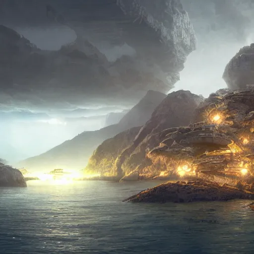 Prompt: a solarpunk city on a small rocky island in the middle of a violent sea, beautiful dynamic lighting, cinematic, wide angle establishing shot, extremely high detail, photo realistic, cinematic lighting, post processed, concept art, artstation, matte painting, style by eddie mendoza, raphael lacoste, alex ross, volumetric lighting, light rays, photorealistic, ultrarealistic, moody, coronarender, 8k