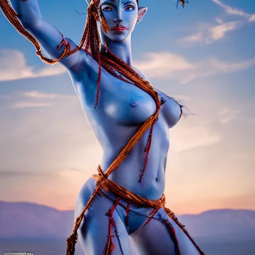 Prompt: a blue - skinned female navi from avatar wrapped in barbed wire suspended in the air, cosplay, body paint, high resolution film still, hdr color, movie by james cameron