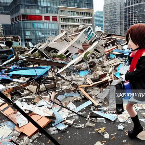 Prompt: anime girl destroys a city, news photo