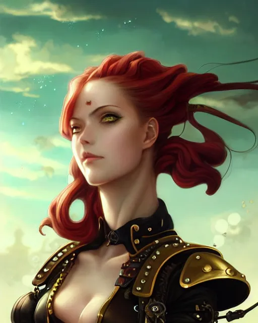 Prompt: a beautiful close up portrait 2D illustration of a young female steampunk pirate wearing leather armor on gold and red trimmings on green, by Charlie Bowater, tom bagshaw, Artgerm and Lois Van Baarle, beautiful anime face, very cool pose, pirate ship with an epic sky background, slightly smiling, cinematic anime lighting and composition, fantasy painting, very detailed, ornate, trending on artstation and pinterest, deviantart, google images