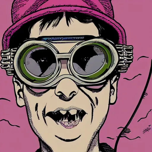 Prompt: close up portrait of goth nerd wearing goggles, by geof darrow, geof darrow art,