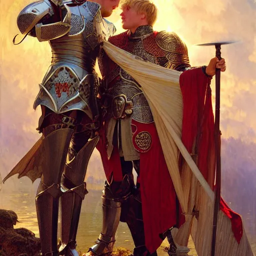 Image similar to attractive arthur pendragon and his favourite attractive male knight, they are in love, camelot, natural lighting, path traced, highly detailed, high quality, digital painting, by gaston bussiere and ross tran and j. c. leyendecker and alphonse mucha