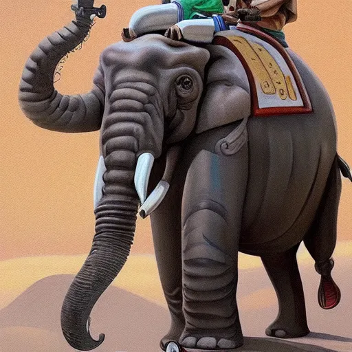 Image similar to painting of sormtrooper riding an elephant on the background of mos eisley on tatooine, intricate, high detail