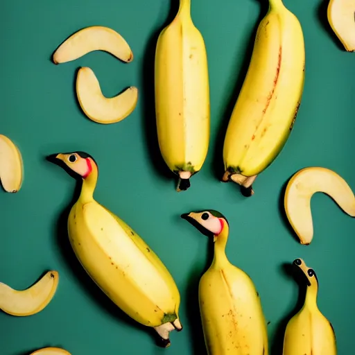 Image similar to professional photograph of banana ducks, peeled bananas with googly eyes and duck beaks