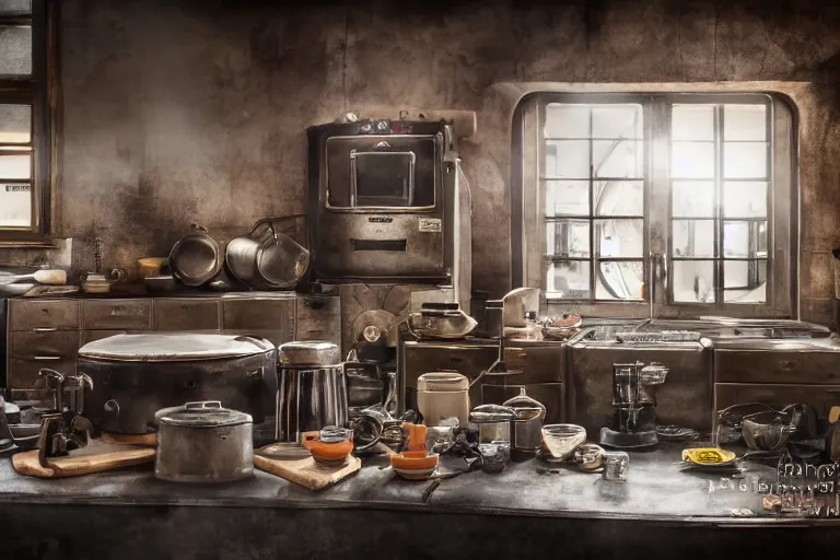 Prompt: a kitchen with kitchenisle by peter vetsch, dieselpunk design, metal, iron, rust, photography, promotional photoshoot, zeiss lens, design, studio lighting, 8 k, high detail