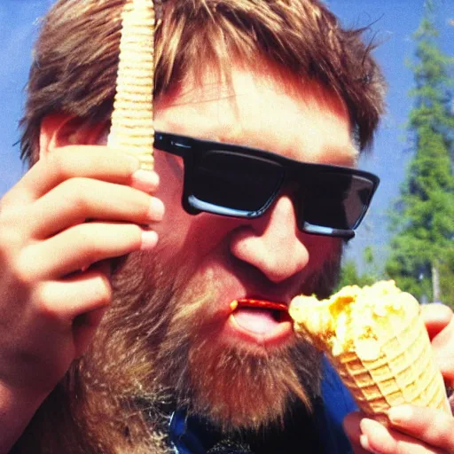 Prompt: bigfoot eating an ice cream cone, 1 9 9 0 s disposable camera kodak gold, sunglasses