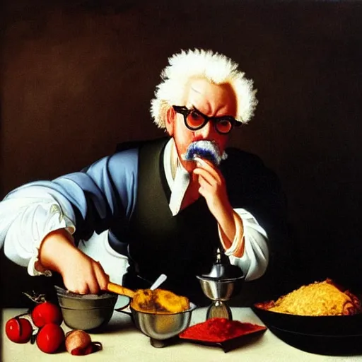 Prompt: Colonel Sanders mixes ingredients in a metal pot. Painted by Caravaggio, high detail