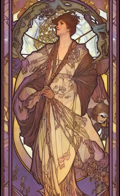 Image similar to the fool tarot, beautiful border, by alfons maria mucha, highly detailded