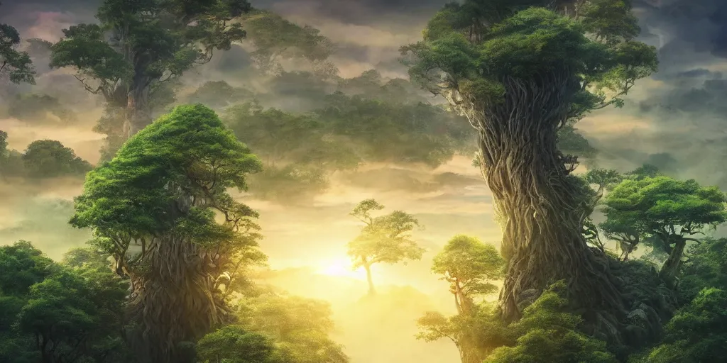 Prompt: close up of a giant liquid monster rising, forest treetop view. 4 k, artgerm, high detail, dramatic lighting, sunset, hayao miyazaki, masashi ando, nizou yamamoto, kazuo oga, joe hisaishi, yoji takeshige, naoya tanaka