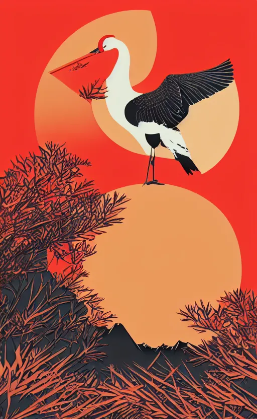 Prompt: hanafuda, a huge japanese crane bird is chilling above a lake in the middle of a forest of japanese pines, a big red sun in the background, front game card, vector line art, trending on behance, concept art, stunning, matte