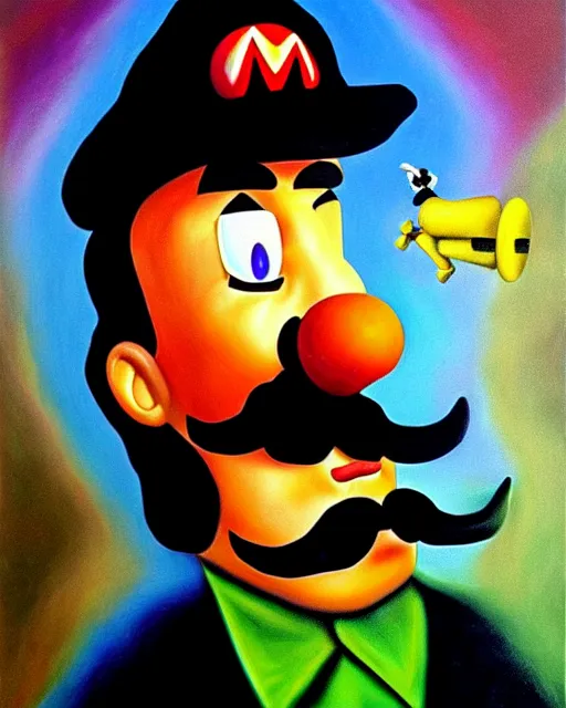 Prompt: salvador dali as mario bros, oil painting, vivid colors, photorealistic