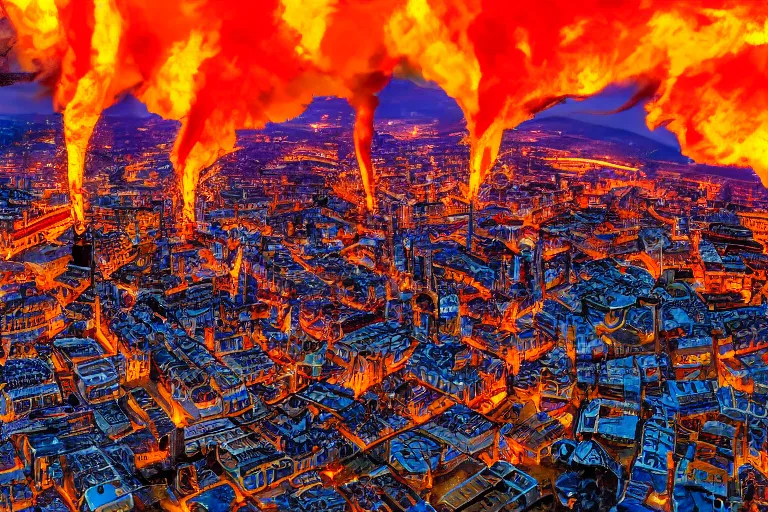 Image similar to steampunk city on fire, aerial view, 4k high res, macro detail, vivid color 120 film